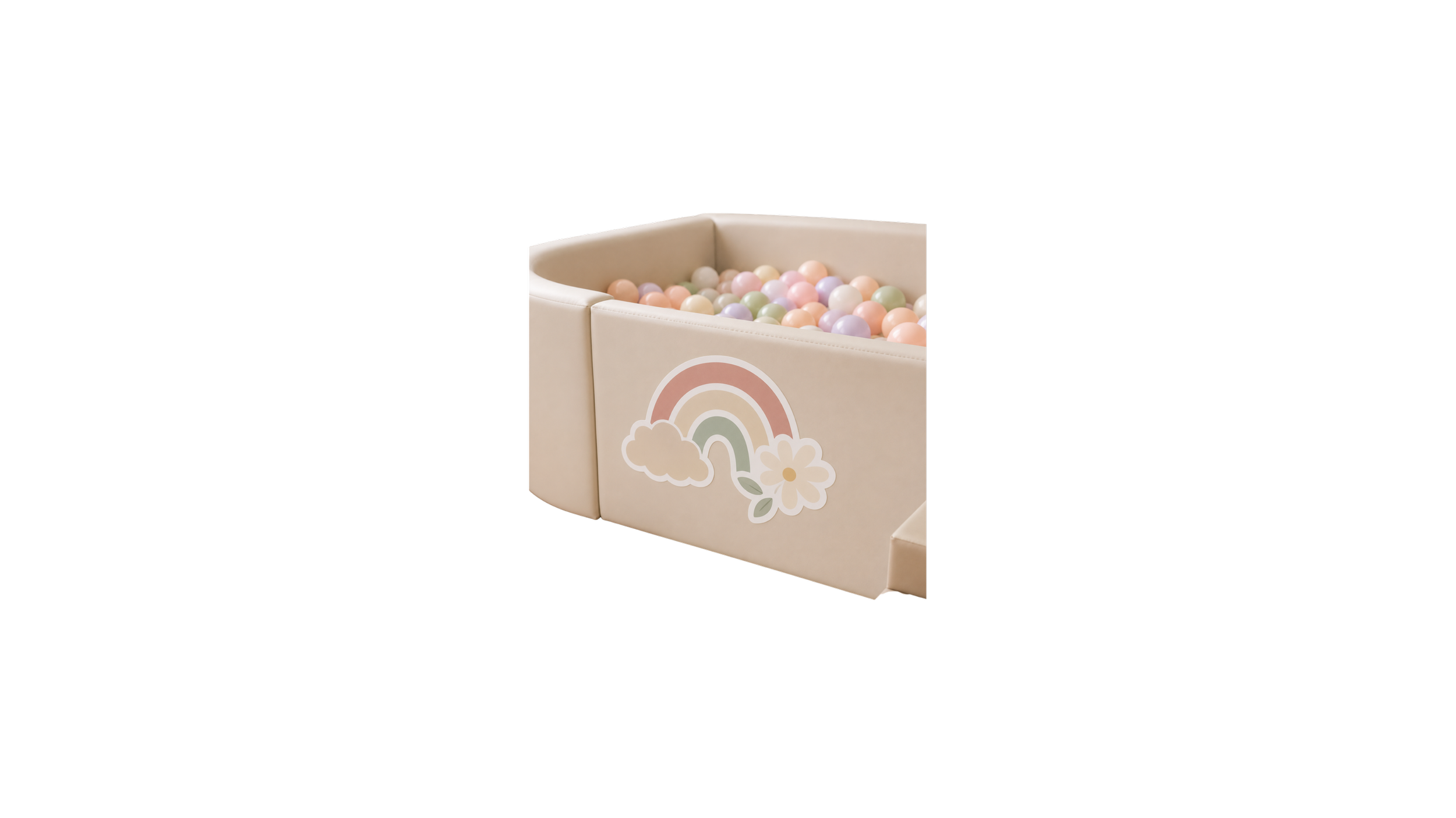 A beige soft-sided ball pit filled with pastel-colored plastic balls, decorated with a rainbow, clouds, and a flower on its side.