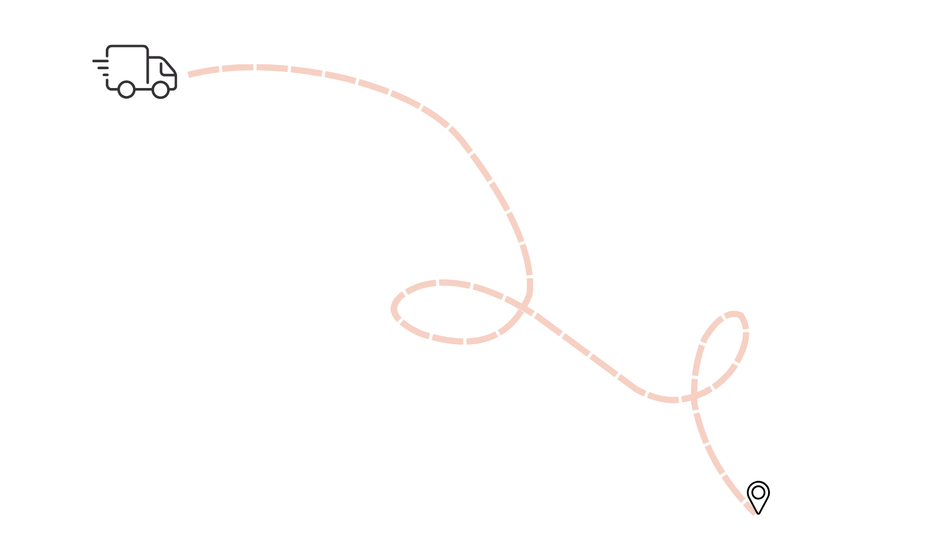 Diagram of a delivery truck with a curved, dashed pink line representing the delivery route.