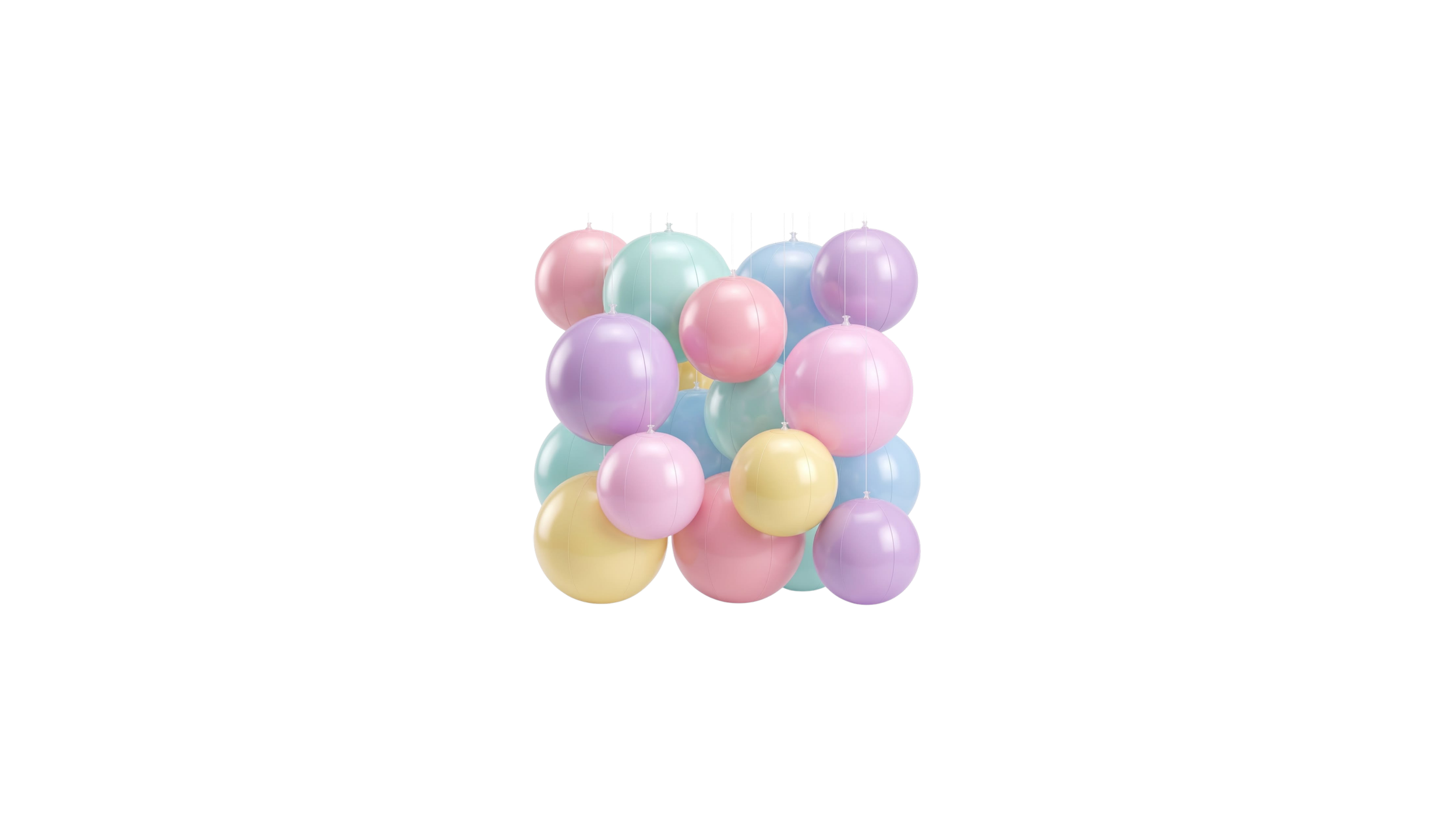 A cluster of pastel-colored balloons including pink, purple, yellow, blue, and mint green, arranged together.