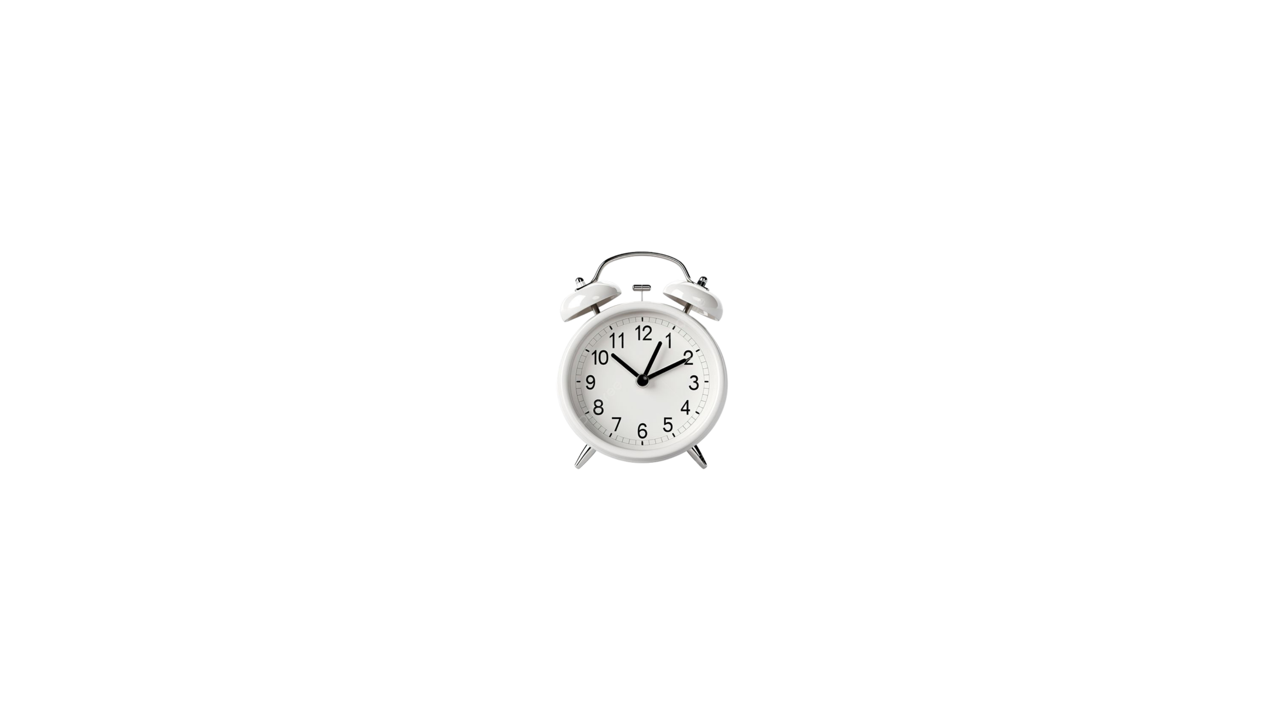 White alarm clock displaying the time 11:10, placed on a reflective surface with a black background.