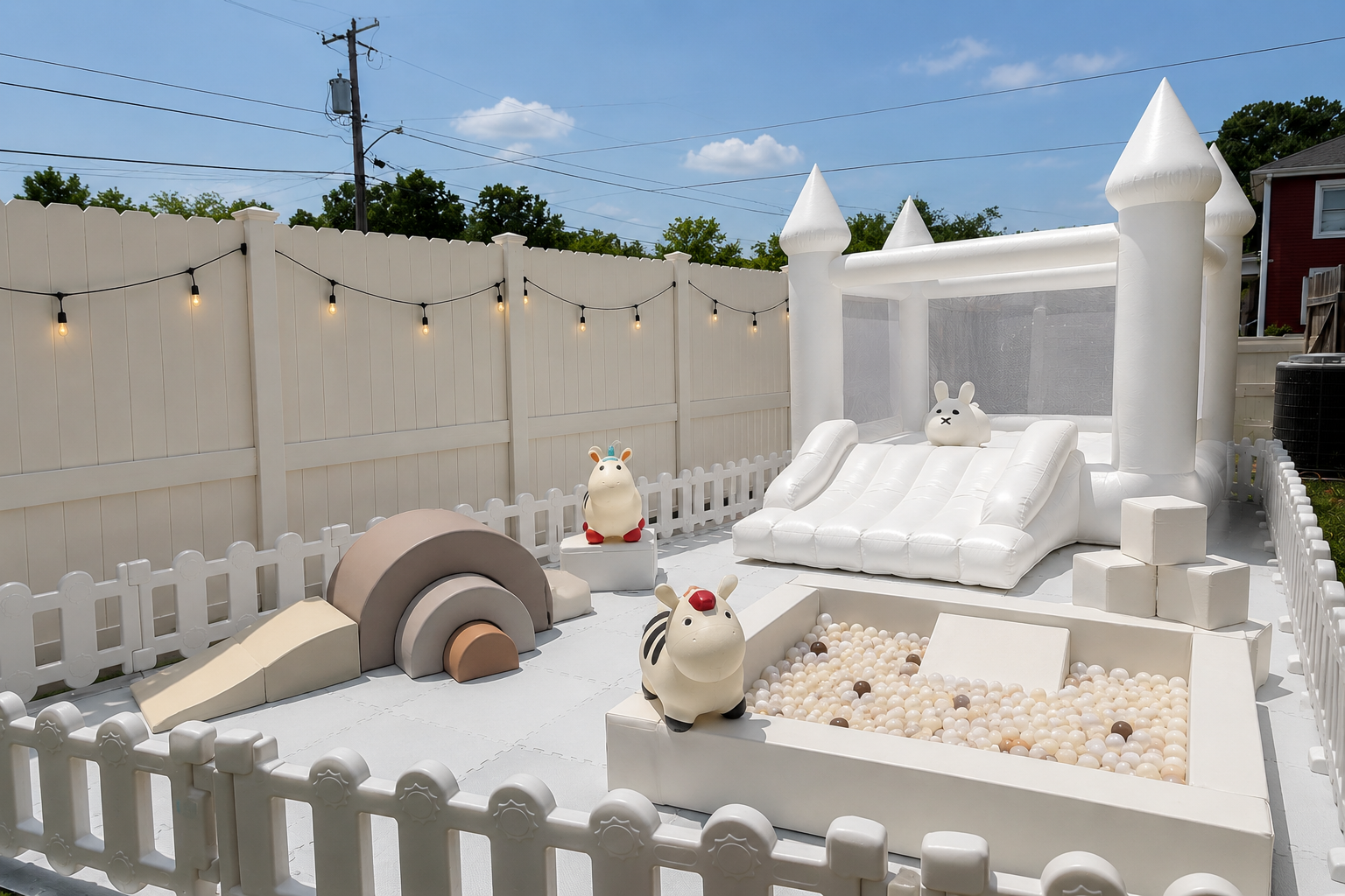 A white inflatable bouncy house with towers and mesh sides, decorated with plush animal toys, is set up outdoors in a fenced yard with string lights, under a blue sky with some clouds.