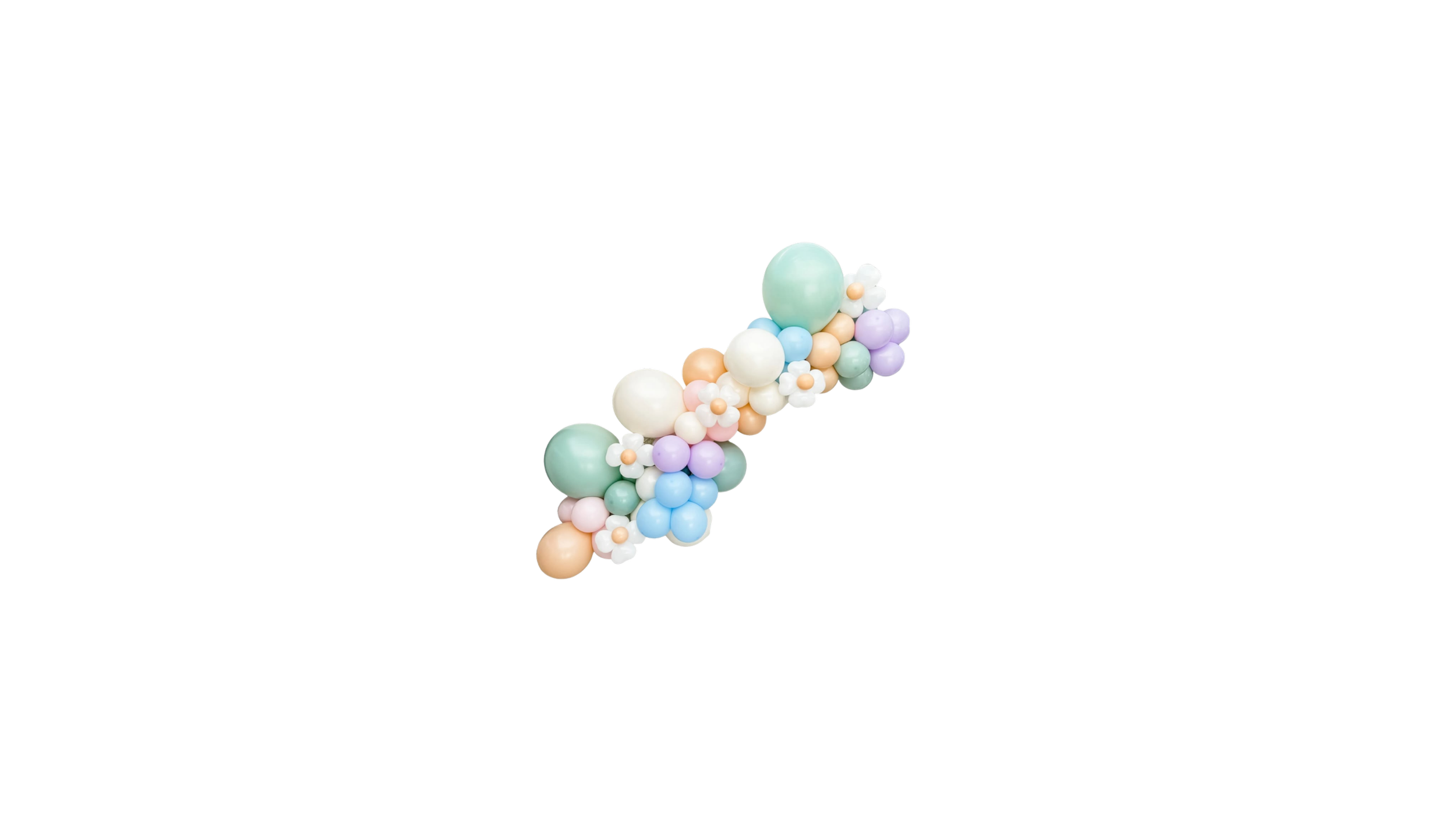 Colorful cluster of pastel balloons and flower-shaped balloons on a black background.