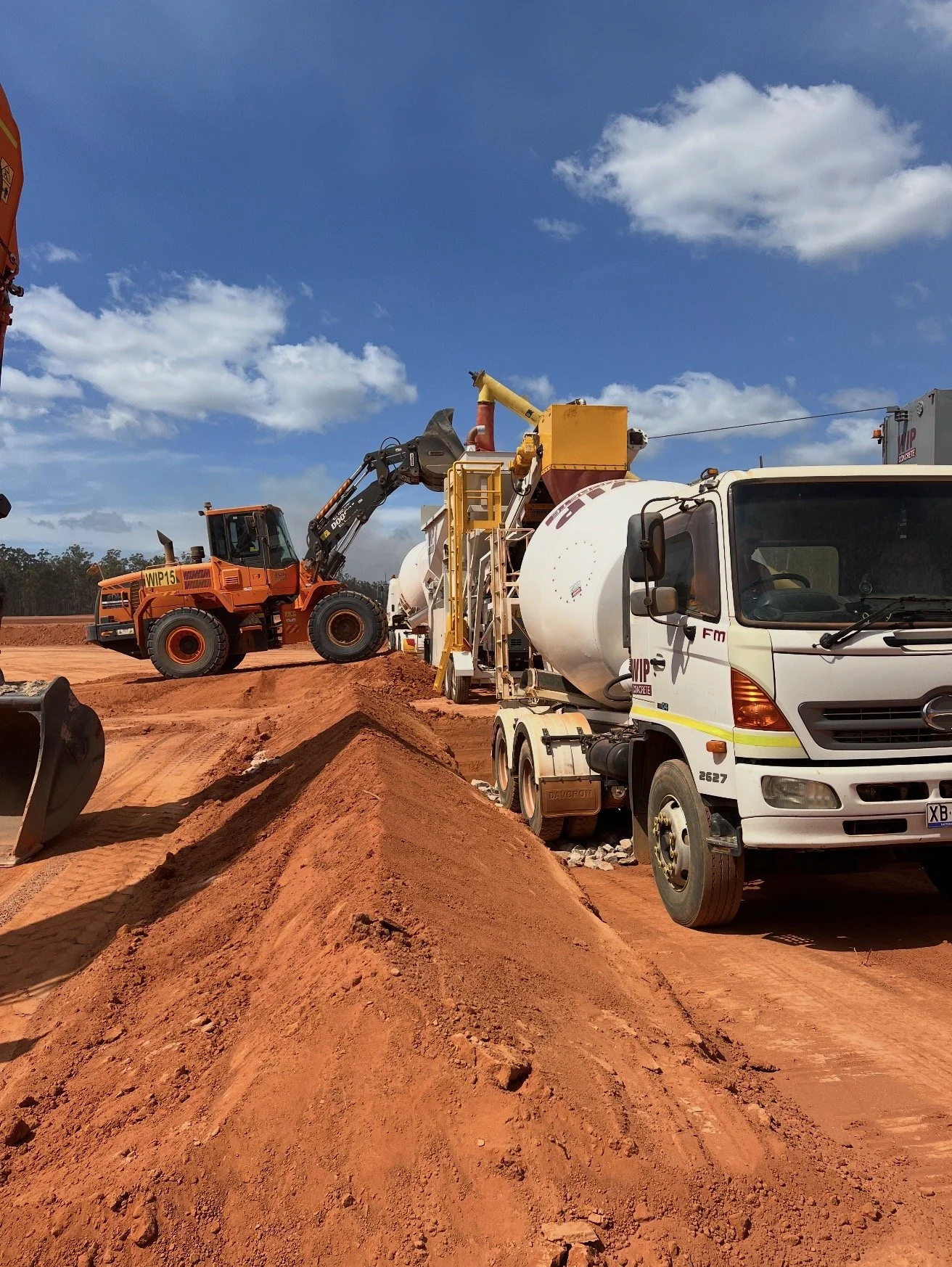 Construction site with a cement mixer truck, a skid steer loader, and orange dirt piles under a partly cloudy sky.