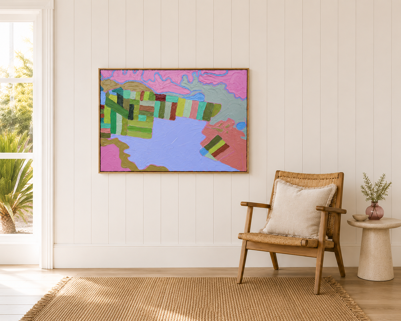 A living room corner with a large colorful abstract painting on a white paneled wall, a wicker armchair with a beige cushion, a small round side table with a potted plant, a wicker basket, and a window with view of greenery outside, all on a beige rug.