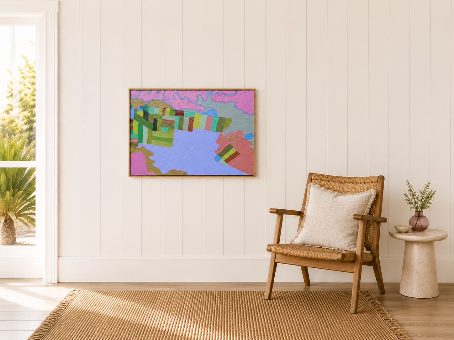 A cozy corner of a room with a wooden chair that has a pillow, a side table with a vase and plant, a colorful abstract painting on a white paneled wall, a window with plants outside, and a beige rug on a wooden floor.