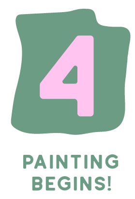 A green sign with a large pink number four and the words 'Painting Begins!' in green.