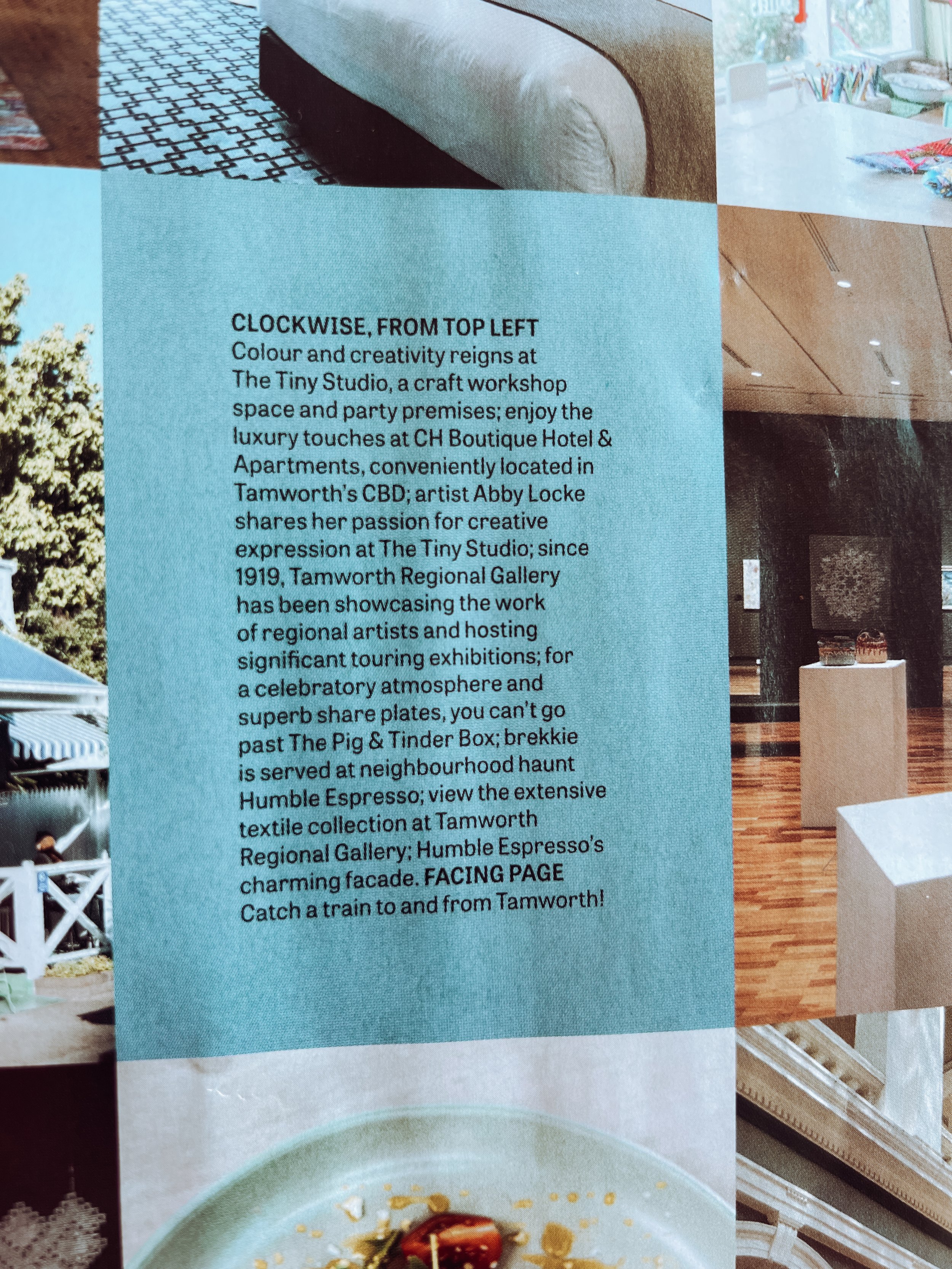 Close-up of a printed page with text about The Tiny Studio, a craft workshop space, and a gallery located in Tamworth's CBD, featuring colorful decor and artwork.