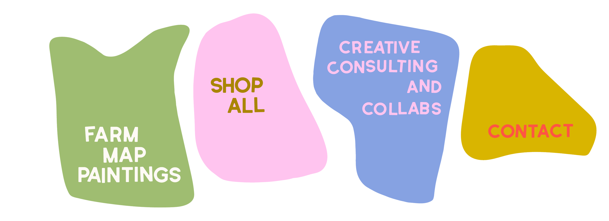 Colorful abstract shapes with text promoting an art business, including Farm Map Paintings, Shop All, Creative Consulting and Collabs, and Contact.