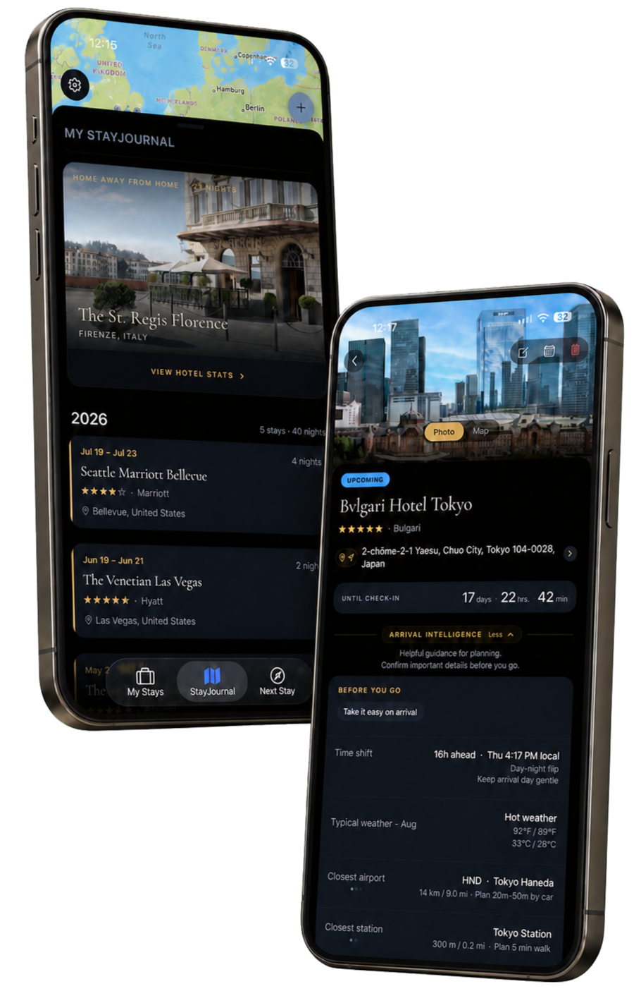StayJournal app showing a saved hotel journal and past stays