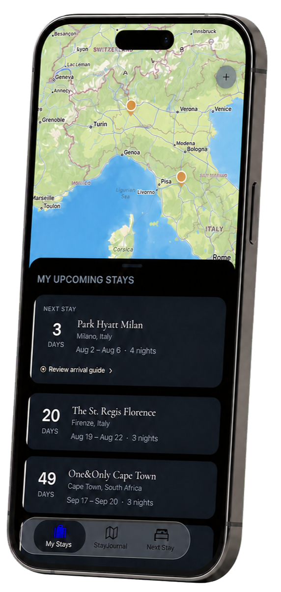 StayJournal app showing a map and upcoming hotel stays