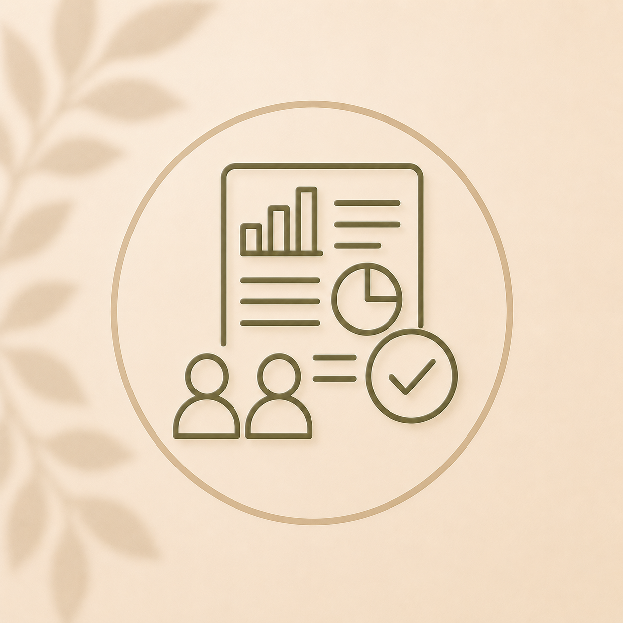 Line art icon representing data analysis, with bar graph, pie chart, list, two user profiles, and checkmark, on a neutral background.