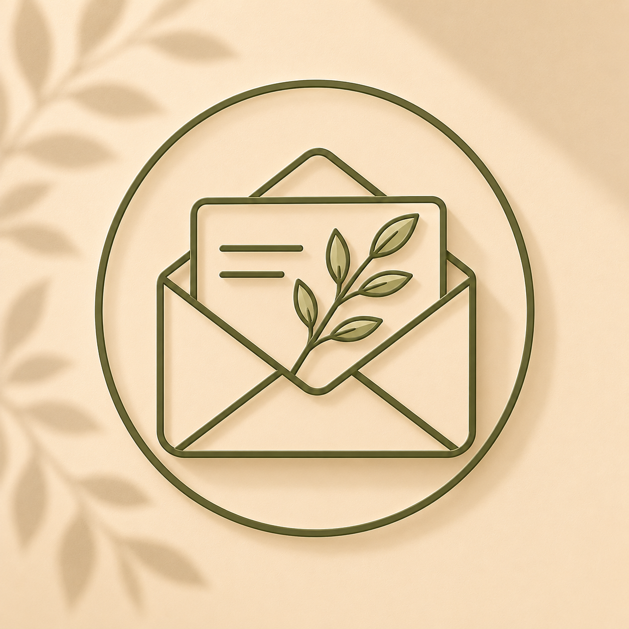 Decorative wall art with an outline of an envelope, letter, and a sprig of leaves, encircled by a round frame.