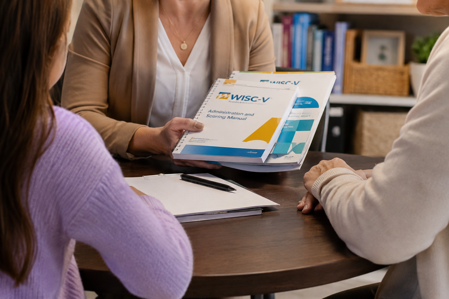 A woman is holding a manual titled 'WISC-V Administration and Scoring Manual' in front of two people, with a notebook and pen on a wooden table, and a bookshelf in the background.