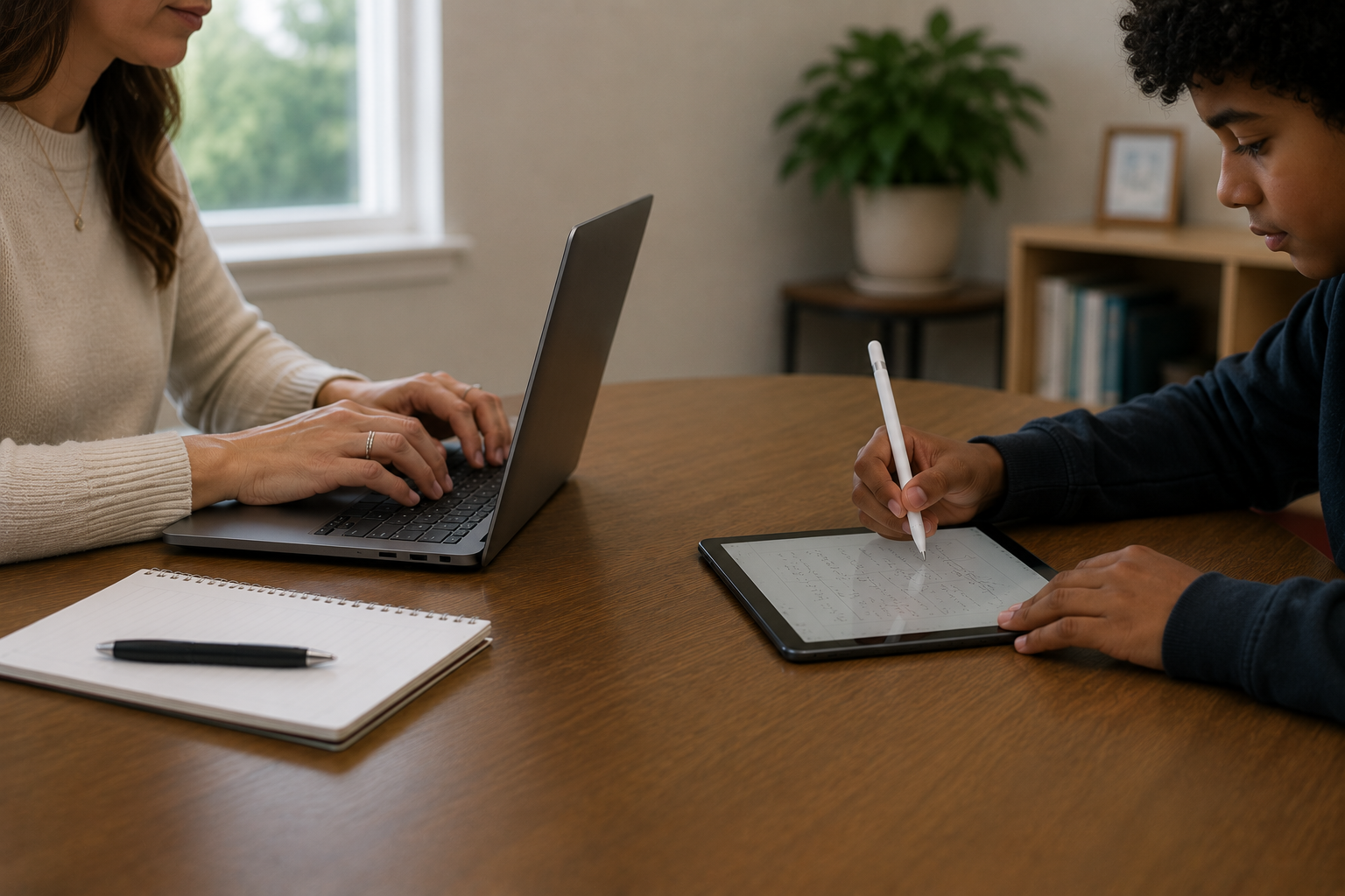 Two people sitting at a wooden table, one using a laptop and the other writing on a tablet with a stylus, in a room with a window, a potted plant, and a bookshelf in the background.