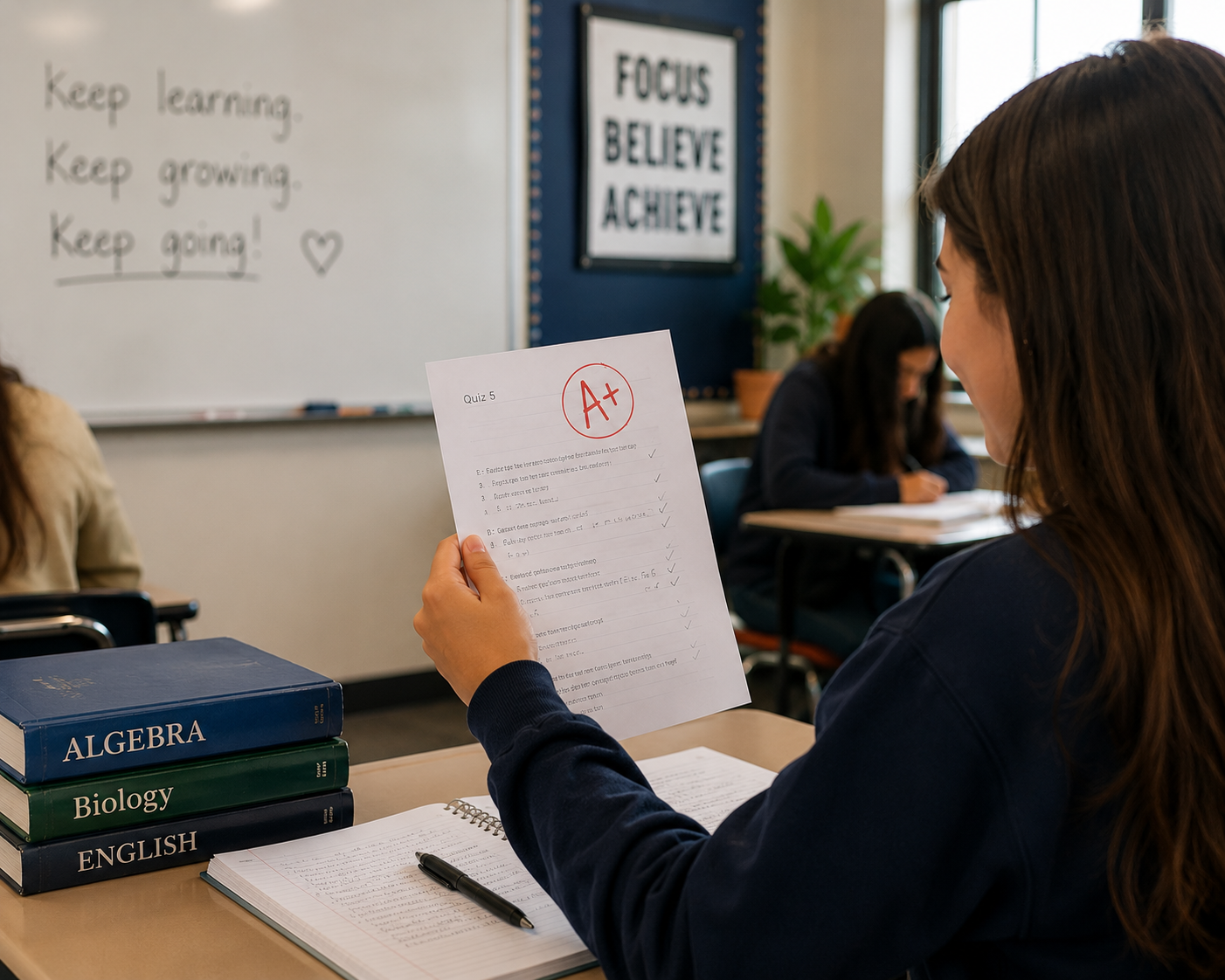 A student in a classroom holding a quiz paper with an A+ grade, sitting at a desk with textbooks labeled Algebra, Biology, and English, with notes and a pen. Other students are working at desks, and motivational signs are on the wall.