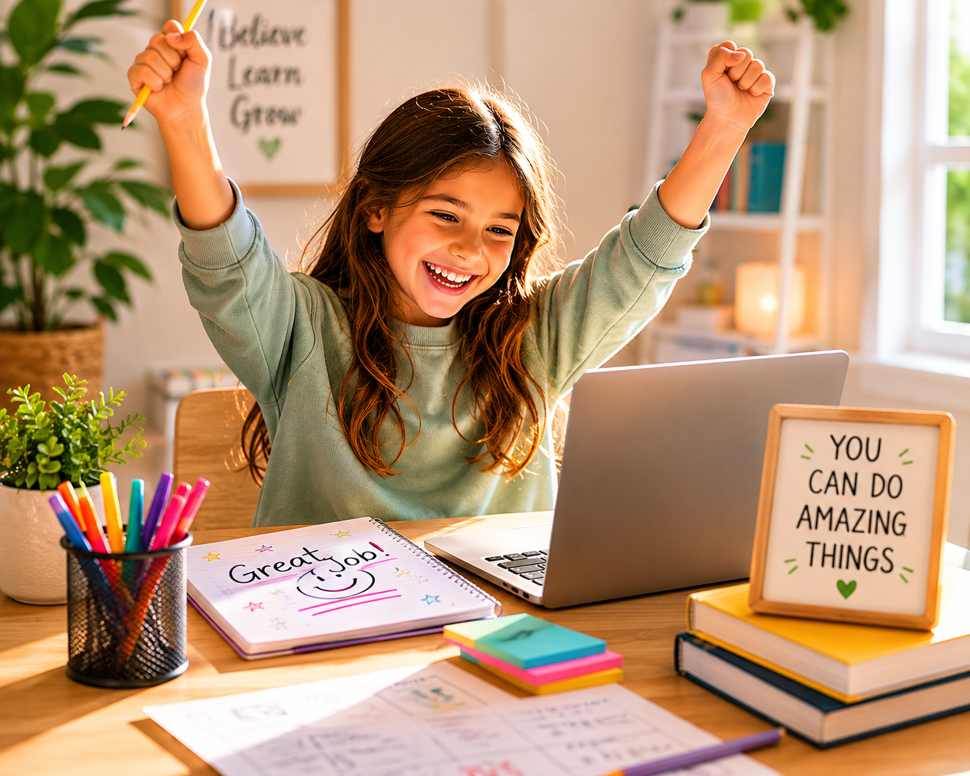 A cheerful girl with long wavy hair sitting at a desk with a laptop, raising her fists in excitement. The desk has colorful markers, a notebook with 'Great Job!' written on it, sticky notes, and a sign that says 'You Can Do Amazing Things'. There are plants and motivational posters in the background, letting in natural light.