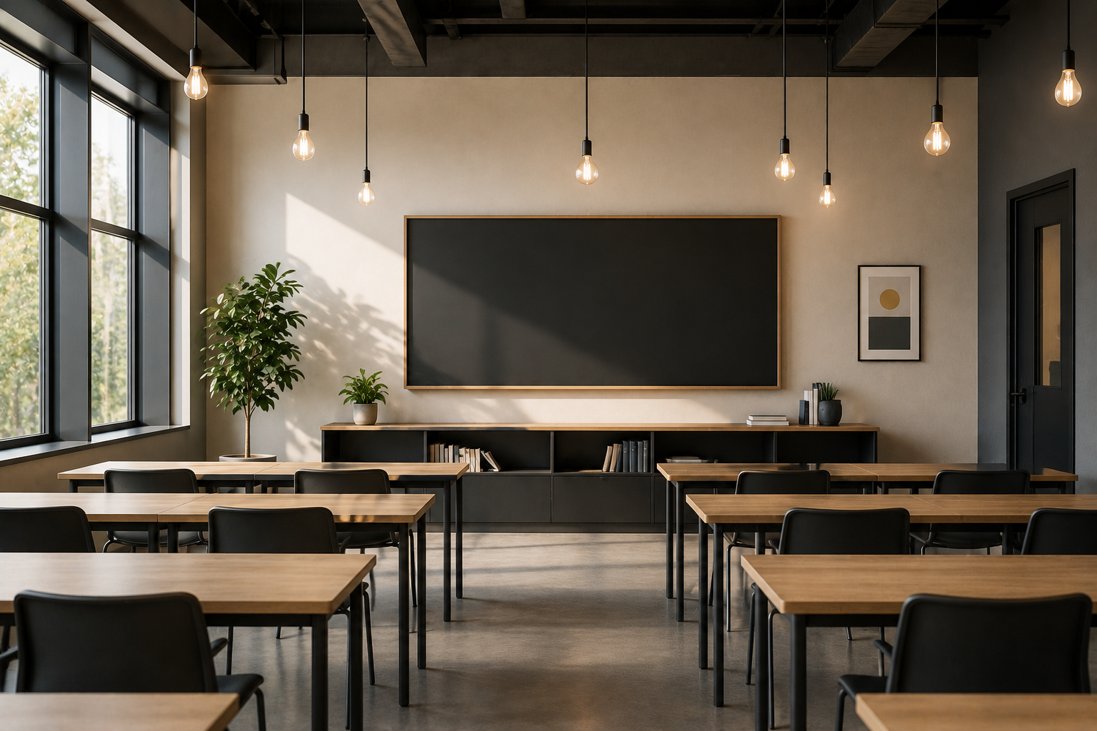 Empty classroom with wooden desks and black chairs, large windows on the left, a blackboard on the wall, indoor plants, and modern hanging light bulbs.