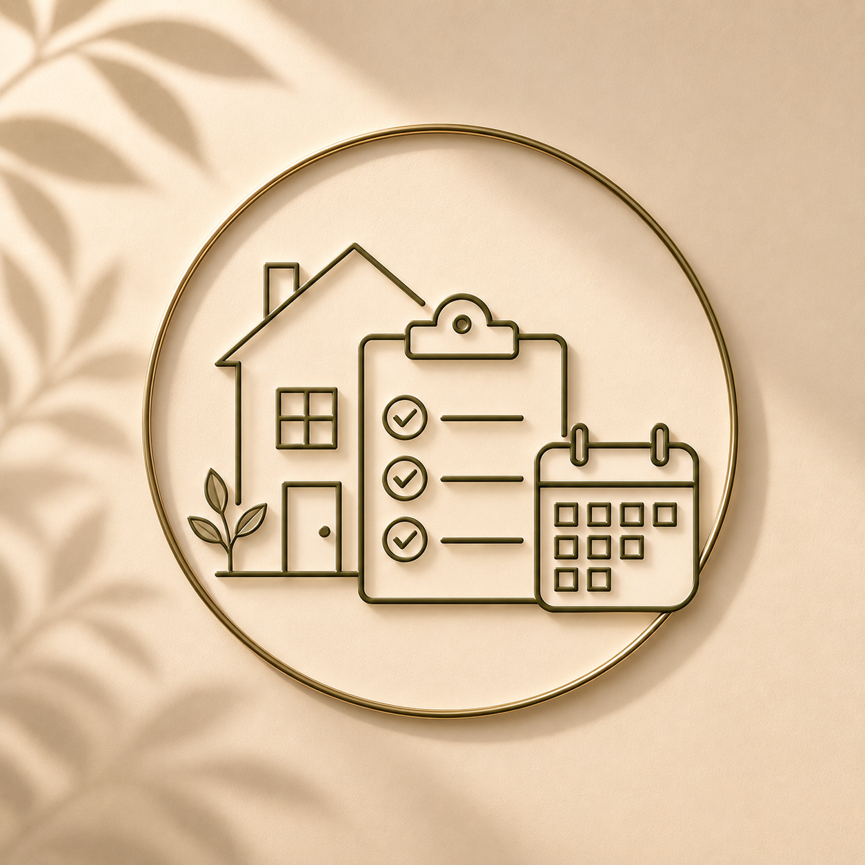 Decorative wall art featuring a house, a clipboard with checkmarks, and a calendar, all made of thin metal wire, inside a circular frame with a plant shadow in the background.