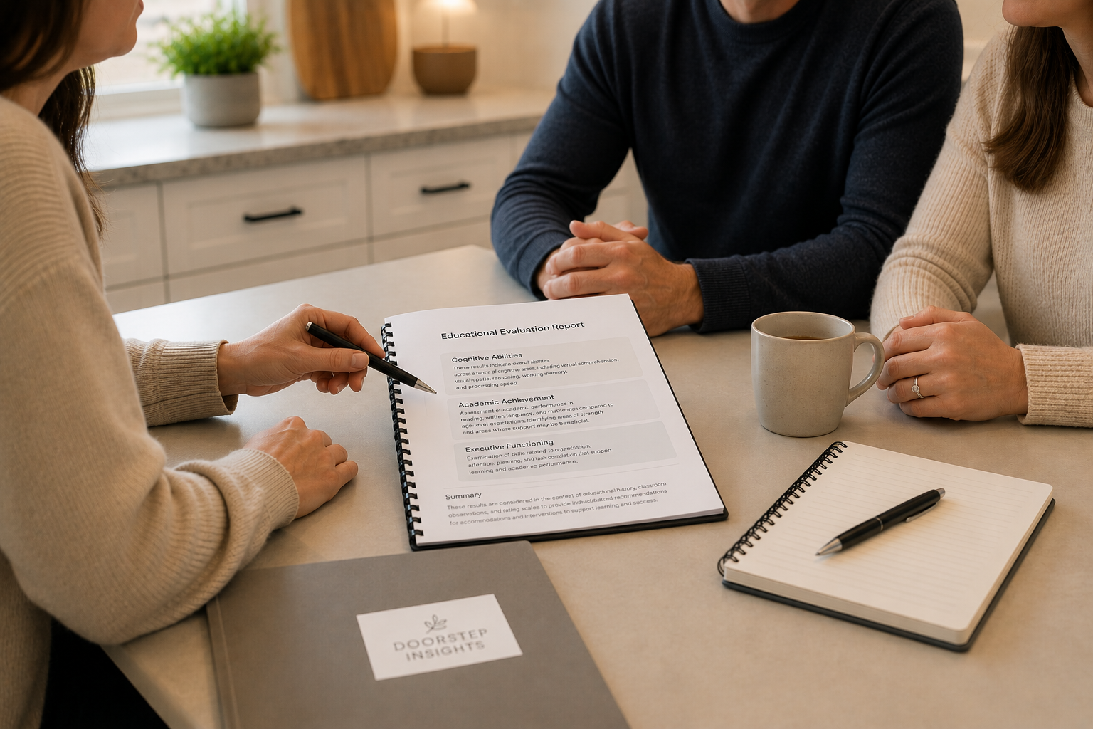 A woman showing an educational evaluation report to two people at a table, with a notebook, pen, coffee mug, and a folder labeled 'Doorstep Insights'.