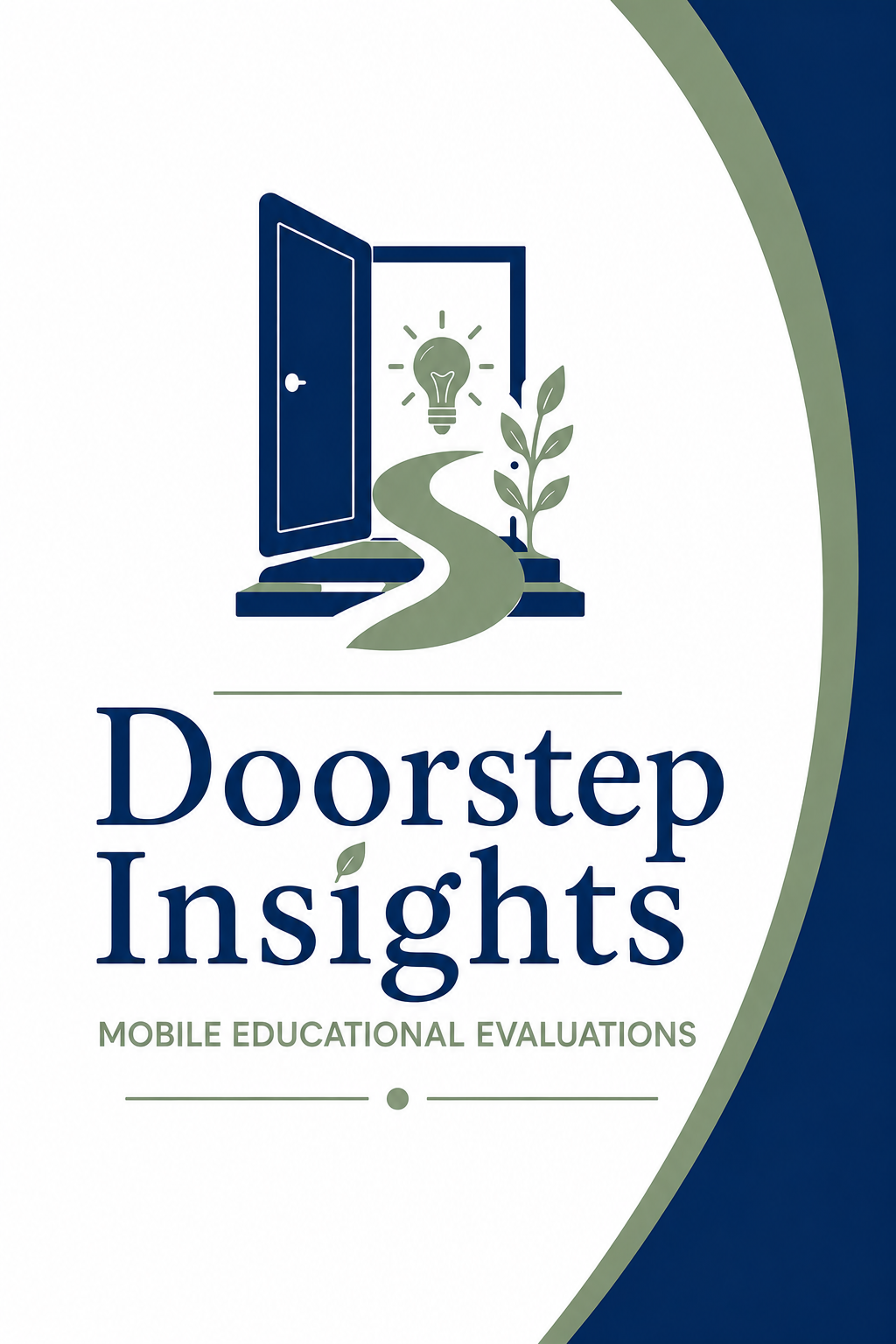Logo for Doorstep Insights featuring an open door with a winding path leading to a light bulb, and a plant growing beside it. Text reads "Doorstep Insights" with a subtitle "Mobile Educational Evaluations."