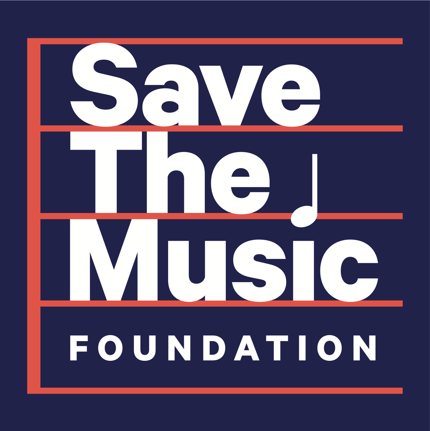 Logo of the Save the Music Foundation with bold white text on a dark blue background, framed by red lines.