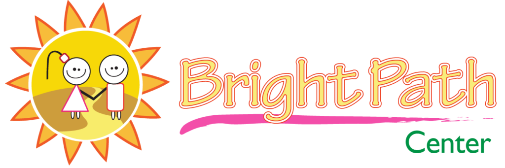 Bright Path logo with a smiling sun, two stick-figure children holding hands, and colorful text on an orange background.