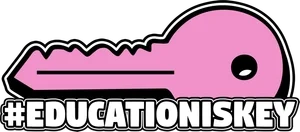 Pink cartoon key with a black outline and a black dot for the eye, and the hashtag '#EDUCATIONISKEY' written below.