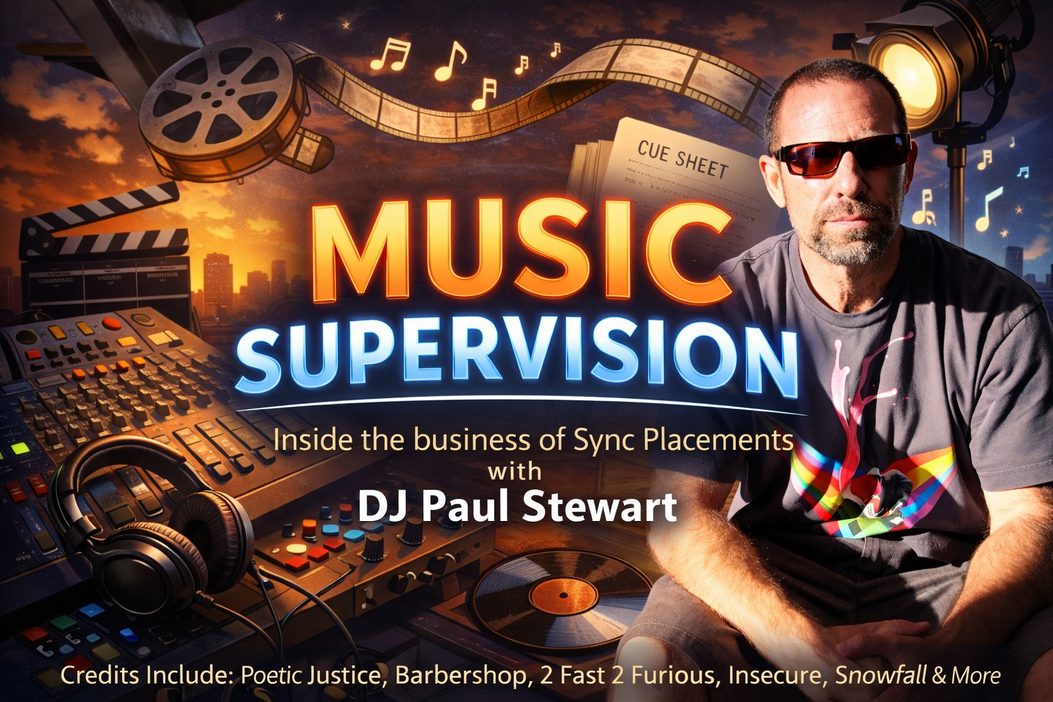 Promotional graphic for a music supervision event featuring DJ Paul Stewart, showing a cityscape sunset background, music notes, a film reel, a cue sheet, a DJ mixer, headphones, a spotlight, and a man wearing sunglasses and a T-shirt with a rainbow-colored graphic.