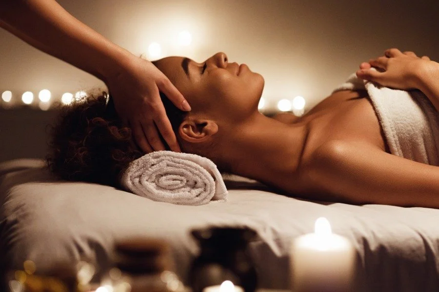 A woman receiving a head massage in a dimly lit spa room with candles.