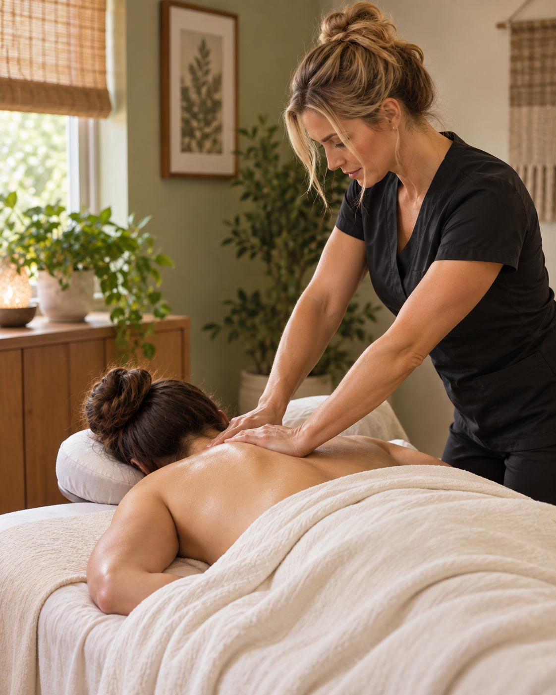 Massage therapist applying focused pressure during a deep tissue massage in Albuquerque