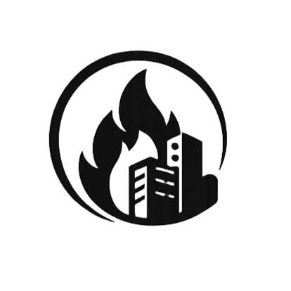 A black logo featuring a building with flames around it, representing fire protection or emergency services.