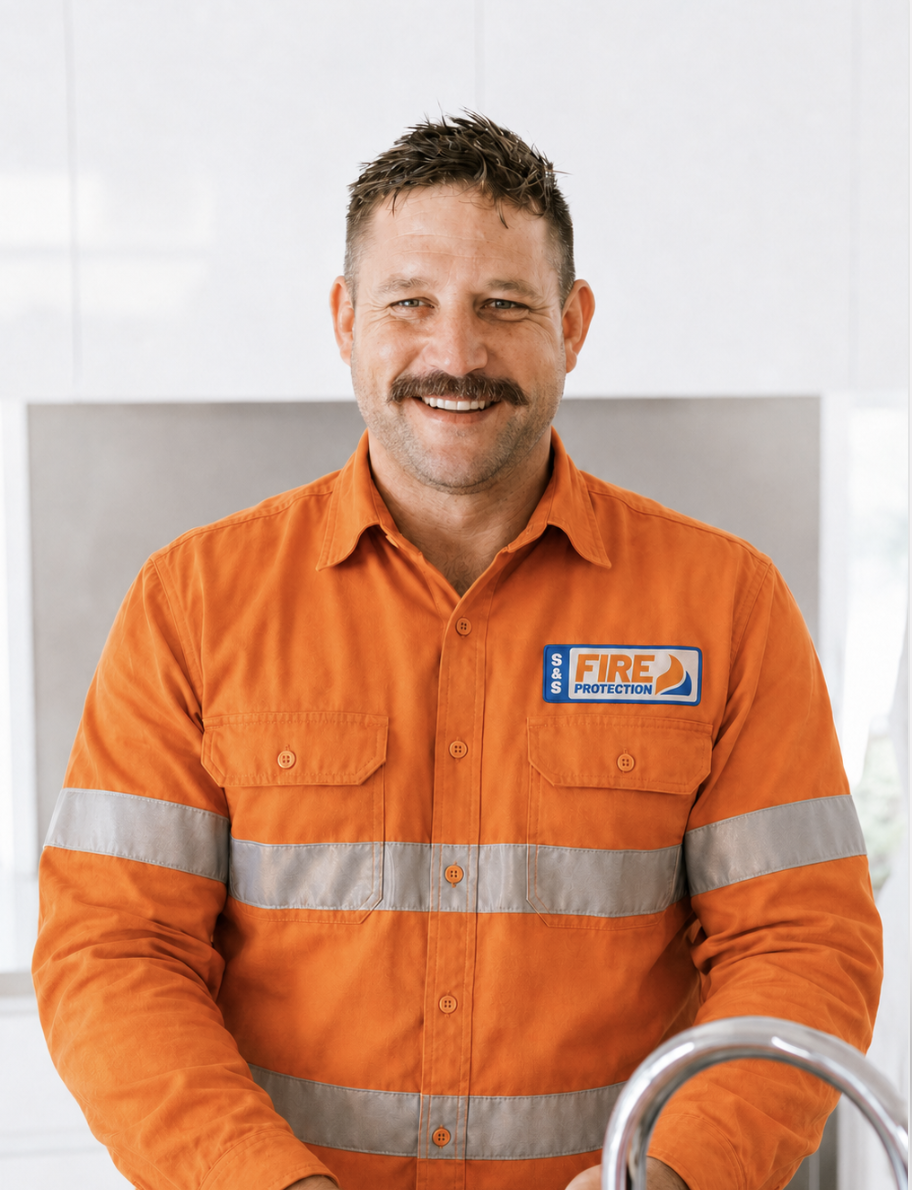 A smiling man in an orange fire protection uniform with reflective stripes, standing indoors in front of a light-colored wall.