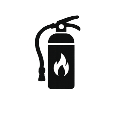 Illustration of a fire extinguisher with a hose and a flame symbol on it.