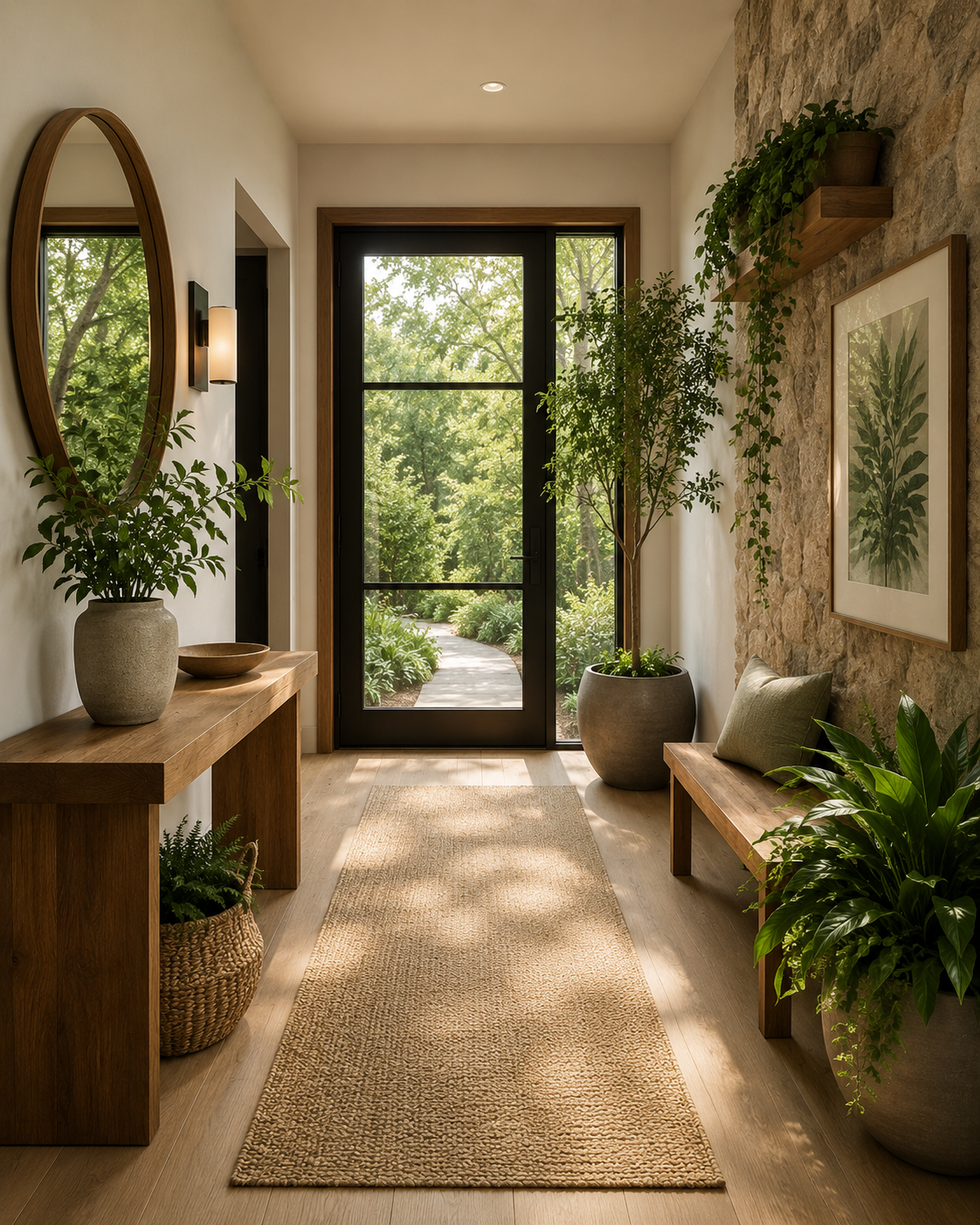 Entryway with a glass door leading outside, indoor plants in pots, wooden bench with a green cushion, framed botanical print on a stone accent wall, woven basket with a plant, wooden console table with a potted plant and wood bowl, and a beige runner rug on light wood flooring.