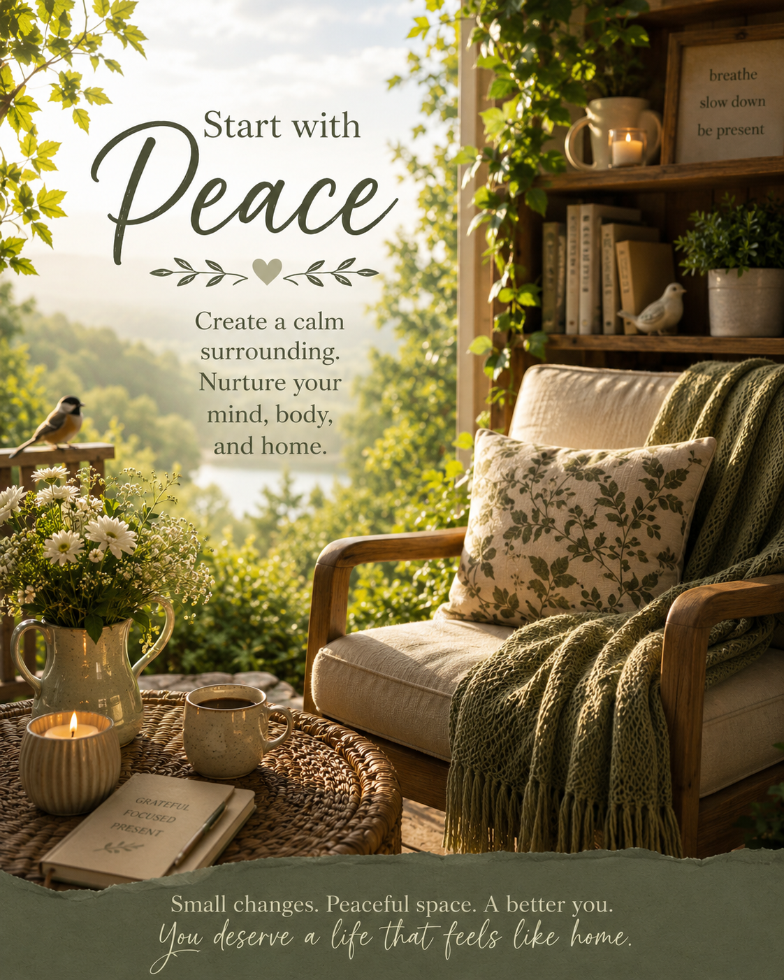 Cozy outdoor space with a wicker table, a potted plant, a candle, a cup of coffee, and a notebook; a chair with a floral cushion and blanket; books, decorative items, and a framed message on a shelf; greenery and a scenic background with trees and a body of water.