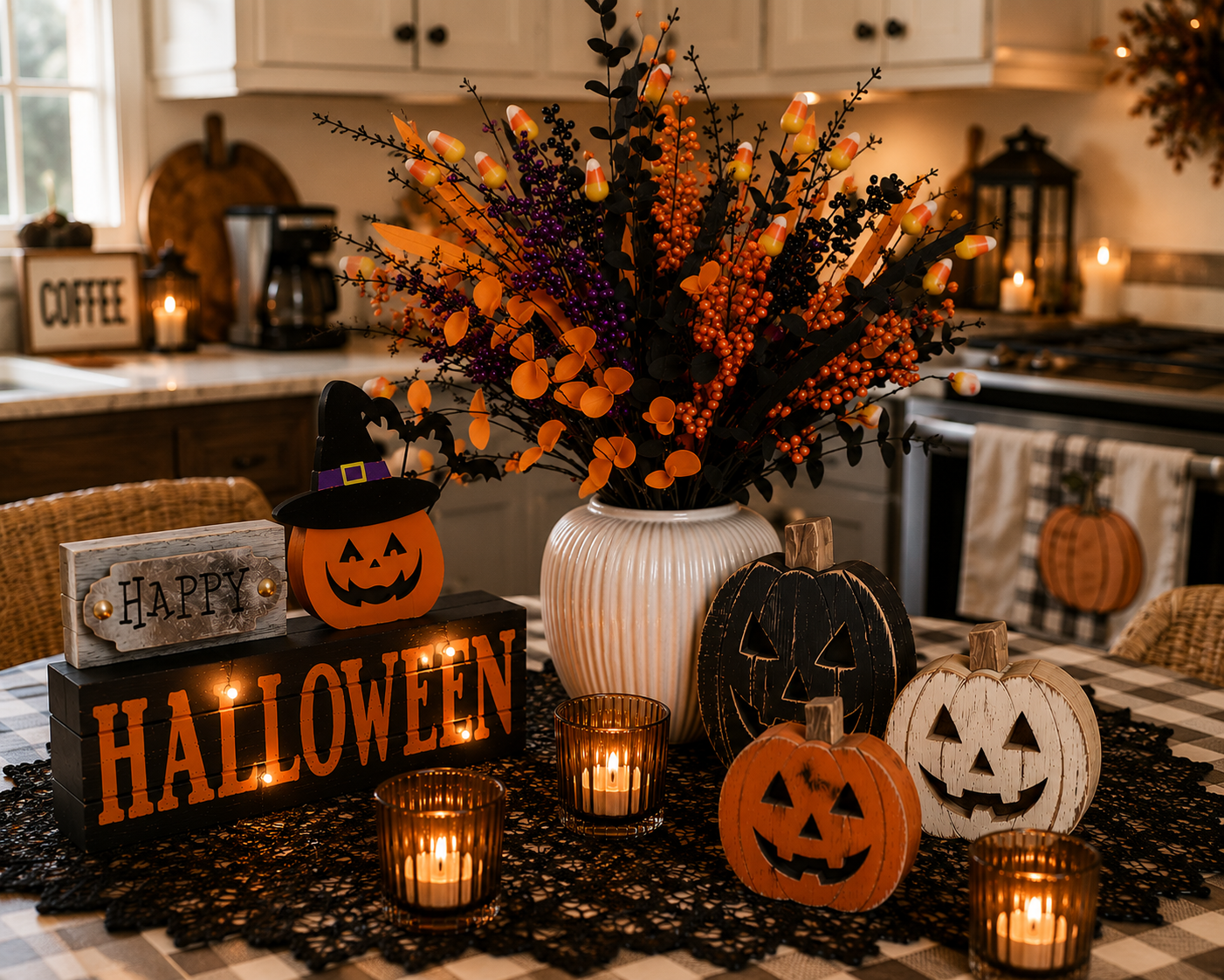 A kitchen table decorated with Halloween themed items, including pumpkins, candles, and a bouquet of orange and purple flowers. There is a large black sign that reads ''HAPPY HALLOWEEN'' and a decorative piece with a smiling pumpkin face and a witch's hat. The table has a black lace tablecloth and a checkered table runner. In the background, there are candles and festive decorations on the kitchen counters and walls.