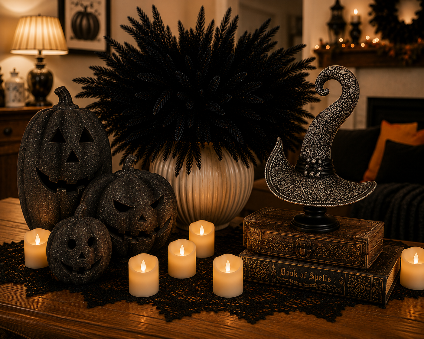 Decorative Halloween table scene with black carved pumpkins, lit candles, a large potted plant, a witch hat, and a vintage book titled 'Book of Spells' in a warmly lit room.