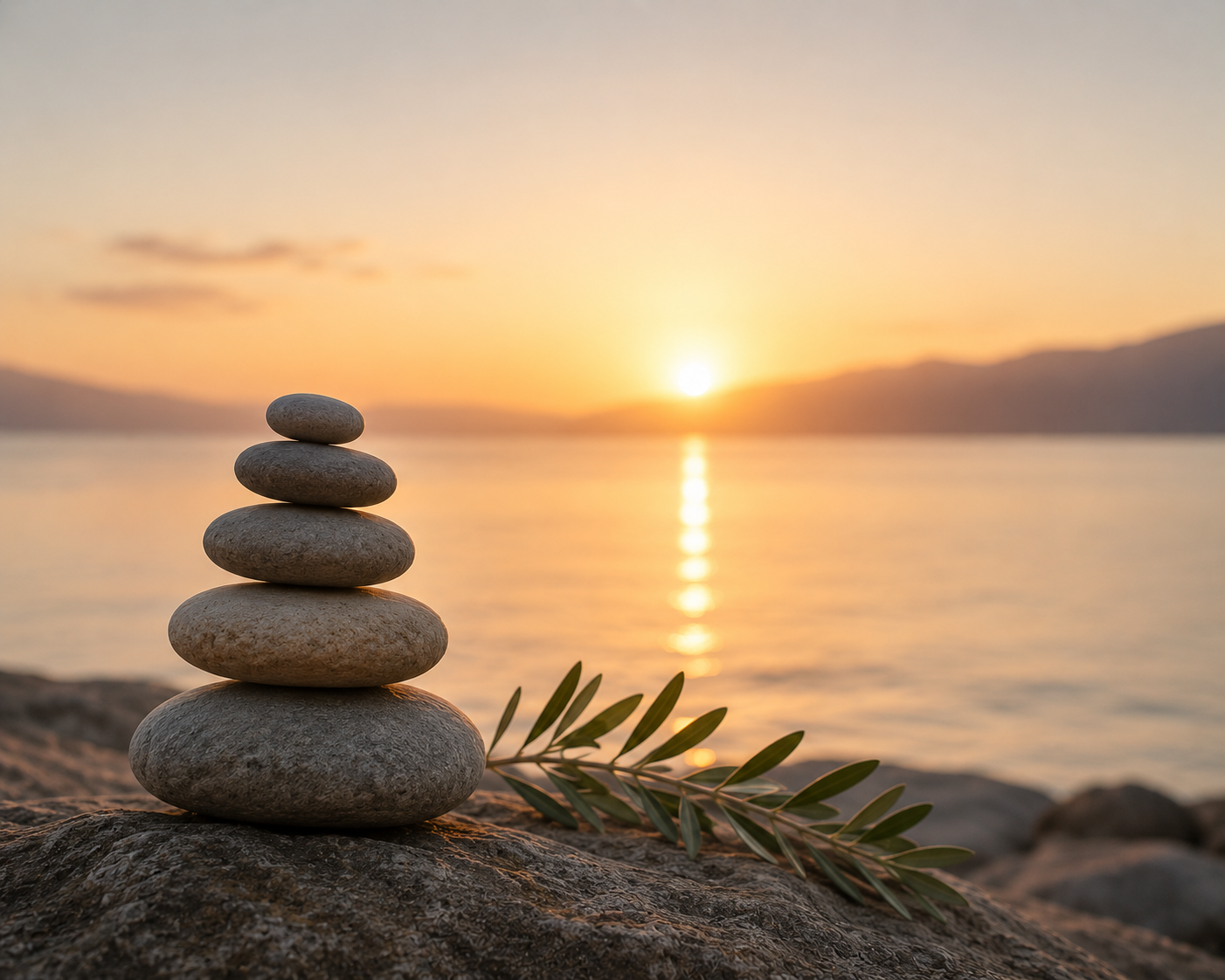 Stacked smooth stones on a rock at sunset with a tree branch nearby and a body of water in the background.