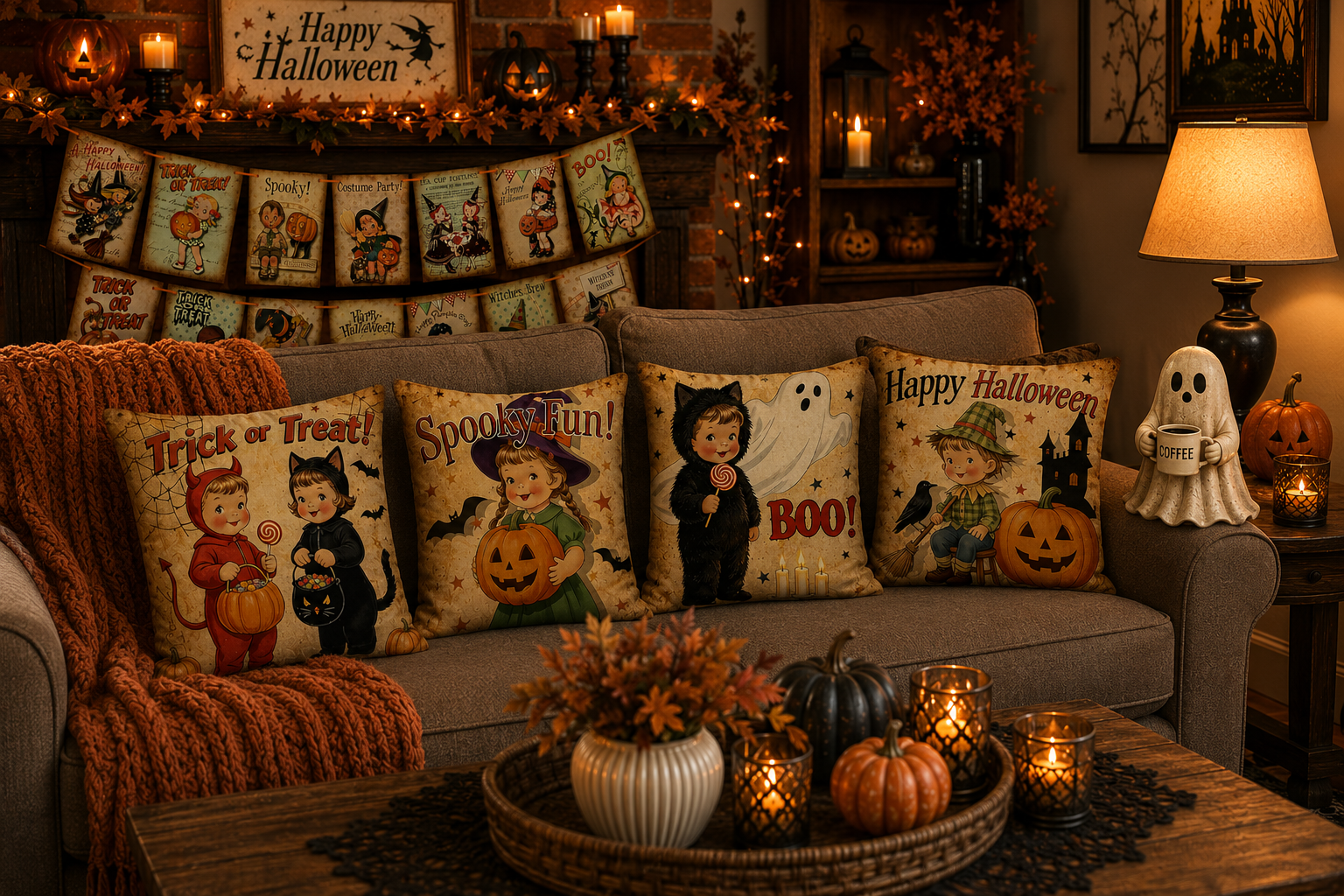 Cozy living room decorated for Halloween with cushions featuring Halloween characters and phrases, orange and black pumpkins, candles, and a pumpkin-shaped figurine holding a coffee mug.