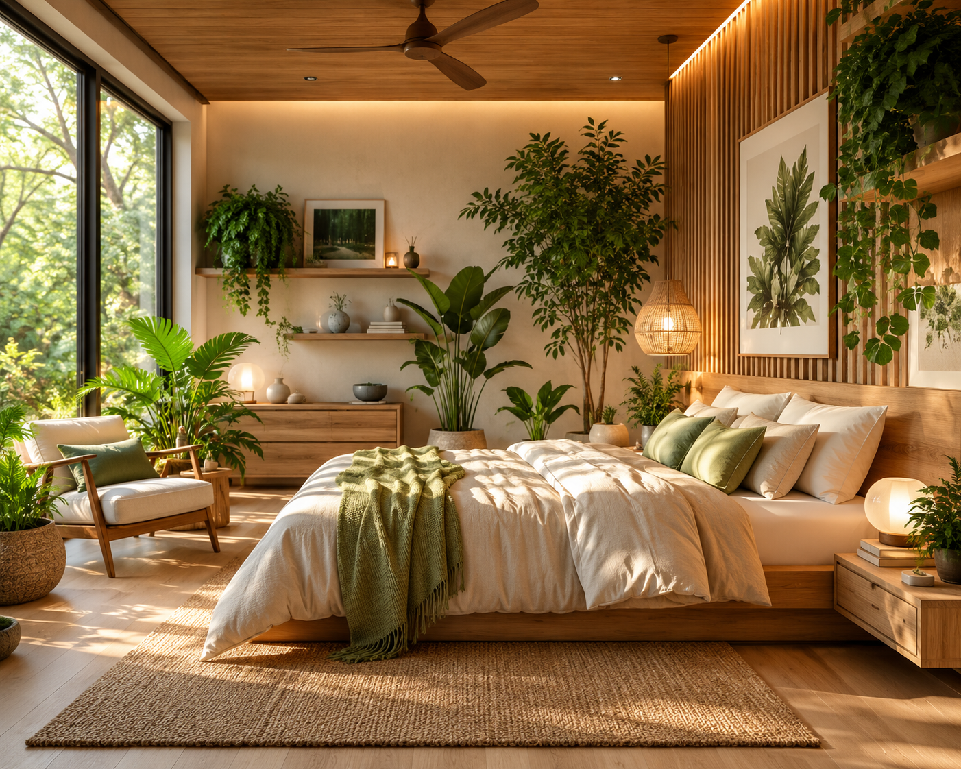 Bright bedroom with large window, wooden ceiling, multiple potted plants, framed botanical prints, and a cozy bed with white and green pillows and a blanket.
