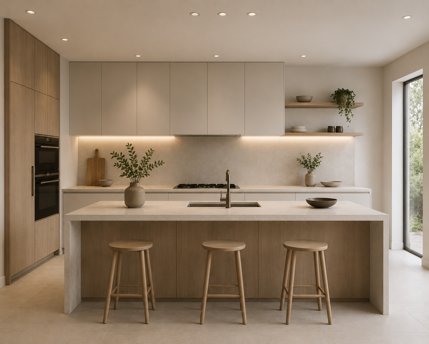 Modern kitchen with light wood cabinets, a large island with three wooden stools, beige countertops, and minimal decor including potted plants, bowls, and open shelves with dishes and a potted plant, near a glass door.