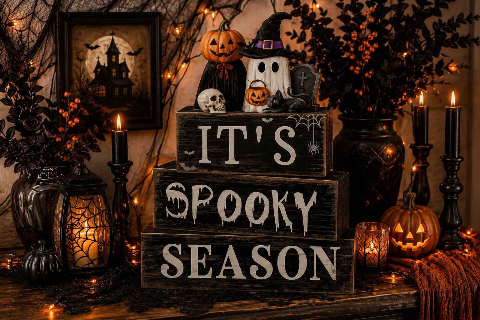 Halloween-themed decorations with black and orange pumpkins, a skull, a black cat, lit candles, and signs reading 'It's Spooky Season' against a backdrop of dark foliage and Halloween artwork.