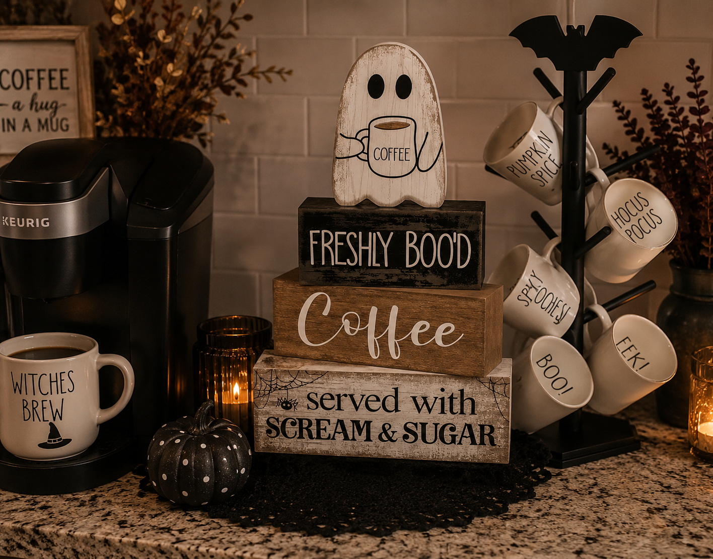 Decorative Halloween-themed coffee station with signs, mugs, a pumpkin, a Keurig machine, and candlelight.