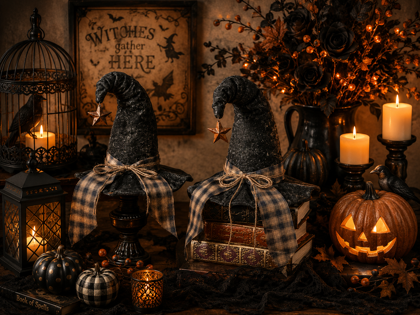 A Halloween-themed display featuring two black witches hats with plaid ribbons, pumpkins with glowing faces, candles, a bird in a cage, black roses, and autumn leaves, all arranged on a table with spooky decorations.
