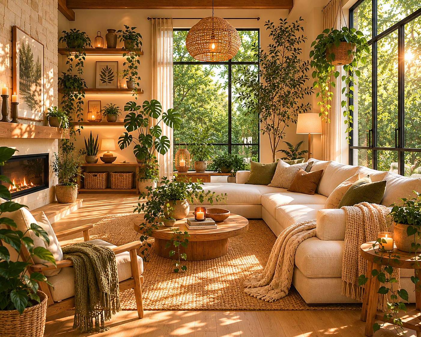Bright living room with large windows, surrounded by green plants and decorated with warm lighting, candles, and cozy furniture.