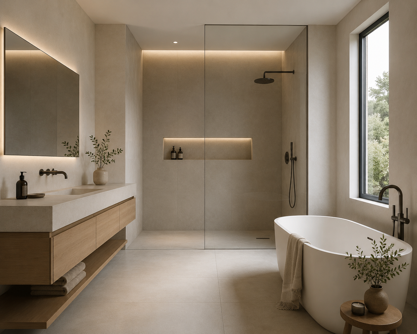 Modern minimalist bathroom with a large walk-in shower, a bathtub near a window, a wooden floating vanity with a large mirror, and neutral tones with natural light.