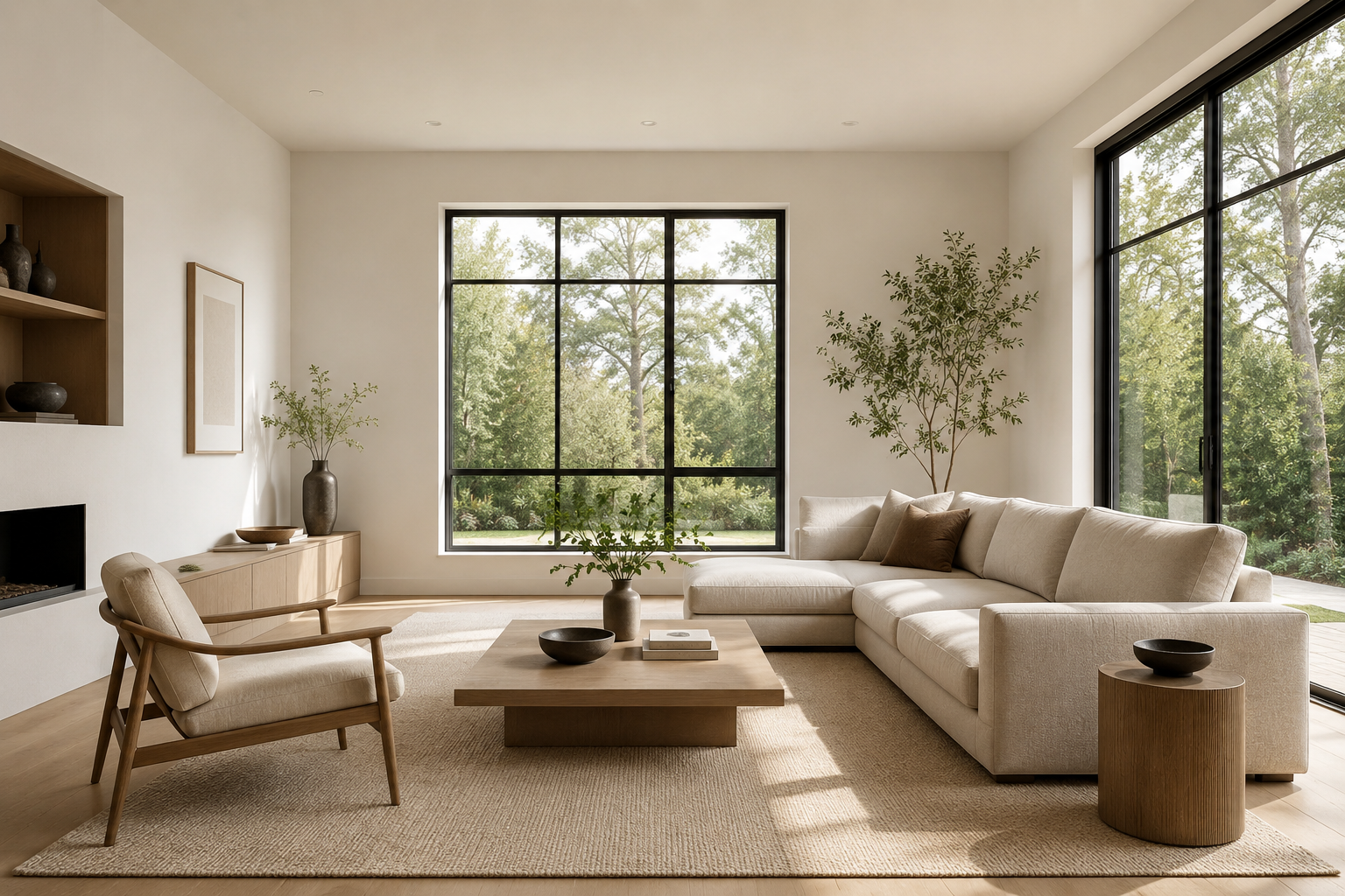 Living room with large windows, white sectional sofa, armchair, plants, wooden coffee table, and minimal decor in a modern style.