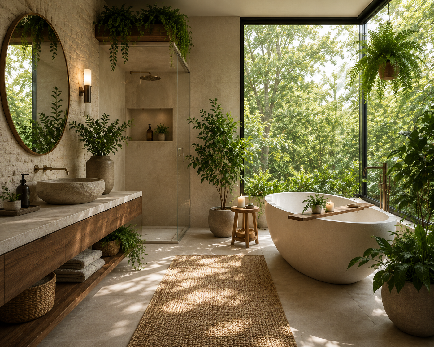 Modern bathroom with a large window view of green foliage, a freestanding bathtub, a marble vanity with vessel sinks, and abundant indoor plants.