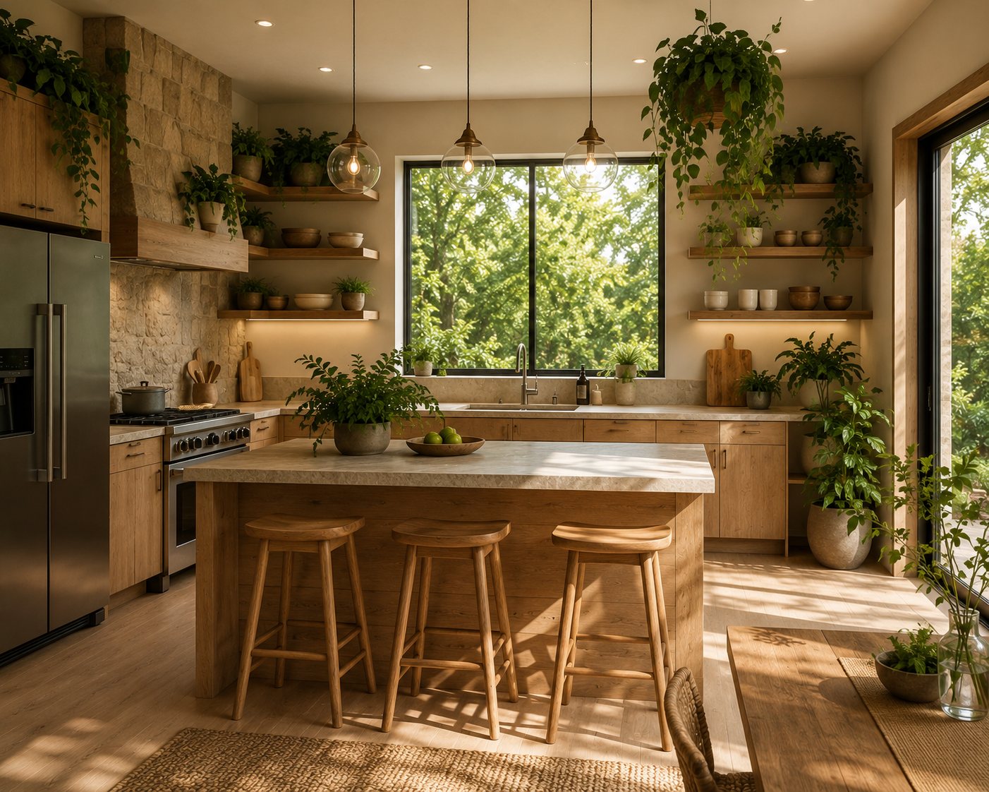 A bright kitchen with wooden cabinets, a large window showing trees outside, and a kitchen island with three stools. The space is decorated with numerous green plants and has a natural, modern style.