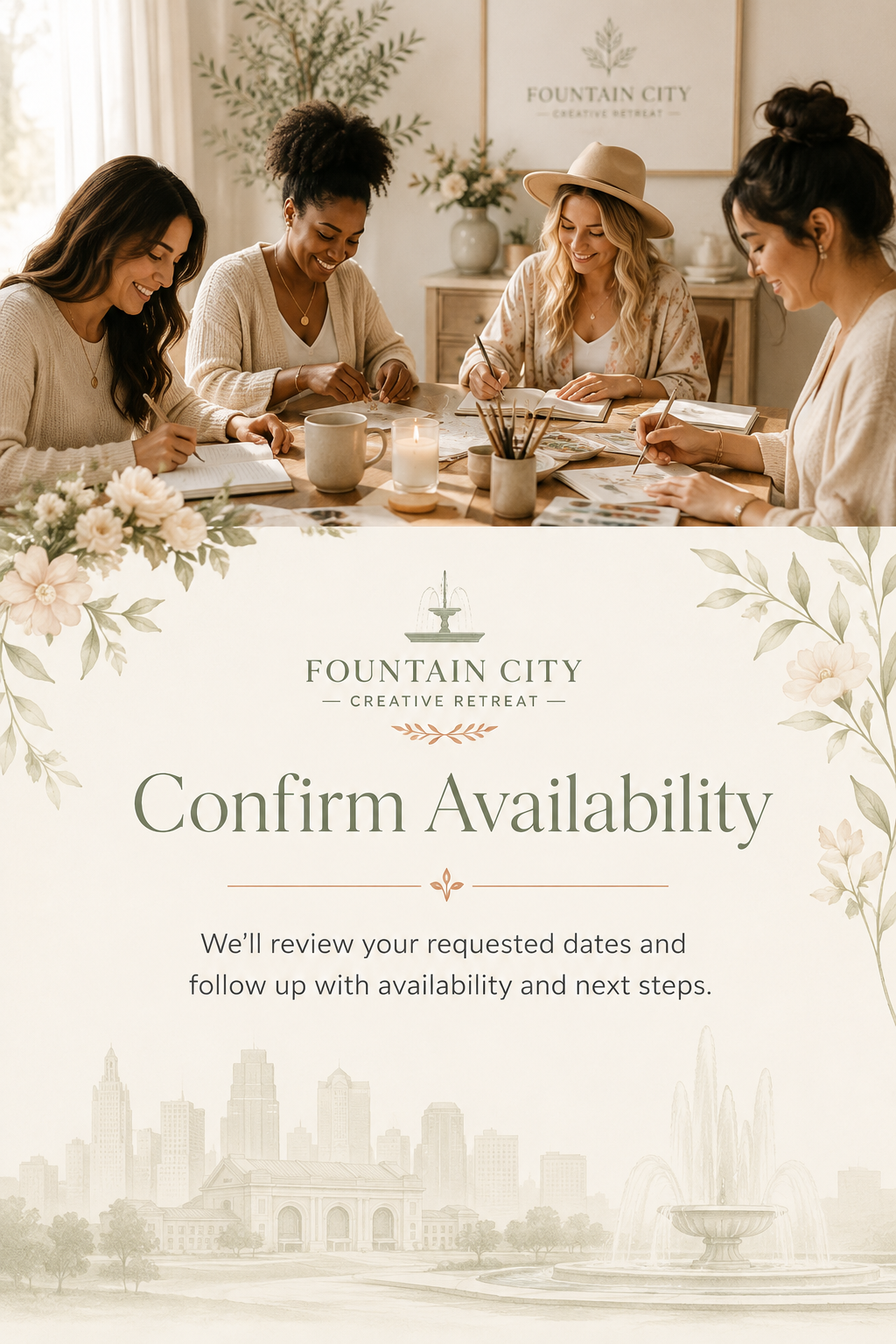 Availability confirmation process at Fountain City Creative Retreat near Kansas City where creative groups receive date confirmation, booking details, and next steps for scrapbook and quilting retreat weekends.